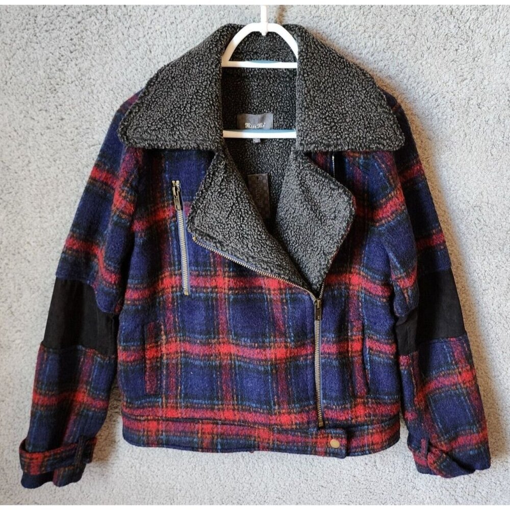 NEW Miss Me Women's Full Zip Up Moto Jacket Plaid Wool Blend Sherpa Lined Size L
